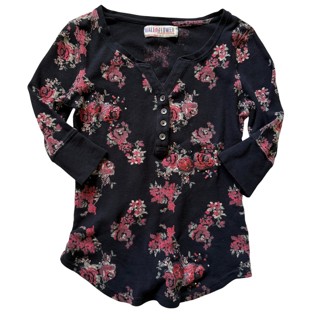 WallFlower Vintage Collection Black Floral Thermal Henley Rhinestone Top M Y2K